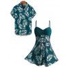 Vacation Couple Outfit Ruched Bust Leaf Pattern See Thru Swim Top and Boyshorts Tankini Swimsuit and Button Up Shirt Beach Matching Outfit - Vert profond S | US 4