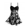 Vacation Couple Outfit Ruched Bust Leaf Pattern See Thru Swim Top and Boyshorts Tankini Swimsuit and Button Up Shirt Beach Matching Outfit - Noir S | US 4