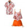 Beach Couple Outfit Tropical Leaf Pattern Spaghetti Strap Pointed Hem Cinched Boyshorts Tankini Swimsuit and Button Up Shirt Vacation Matching Outfit - Orange S | US 4