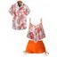 Beach Couple Outfit Tropical Leaf Pattern Spaghetti Strap Pointed Hem Cinched Boyshorts Tankini Swimsuit and Button Up Shirt Vacation Matching Outfit - Orange S | US 4