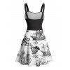 Robe de plage à motif contrasté, ancre de voile, étoiles de mer, crânes, éléments océaniques, buste froncé, col en cœur, ceinture, robe de vacances trapèze mini - Noir XXXXXL | US 20