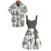 Beach Couple Outfit Sailing Anchor Starfish Skulls Ocean Elements Pattern Ruched Bust Sweetheart Neck Belt A Line Mini Dress and Roll Up Sleeve Shirt Vacation Matching Outfit - Vert profond S | US 4