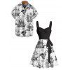 Beach Couple Outfit Sailing Anchor Starfish Skulls Ocean Elements Pattern Ruched Bust Sweetheart Neck Belt A Line Mini Dress and Roll Up Sleeve Shirt Vacation Matching Outfit - Noir S | US 4