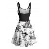 Beach Couple Outfit Sailing Anchor Starfish Skulls Ocean Elements Pattern Ruched Bust Sweetheart Neck Belt A Line Mini Dress and Roll Up Sleeve Shirt Vacation Matching Outfit - Noir S | US 4