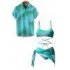 Vacation Couple Outfit Ombre Crisscross Bra and High Cut Briefs See Thru Tied Side Skirt Three Piece Bikini Swimsuit and Button Up Shirt Beach Matching Outfit - Vert S | US 4