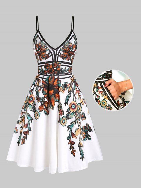 Robe Mini d'Eté et Soirée Évasée à Bretelles à Imprimé Feuille et Fleur en Ligne A de Vacances