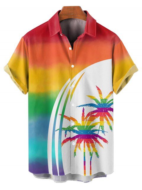 Chemise de vacances pour homme, motif palmier arc-en-ciel, boutonnée, retroussée, manches courtes, décontractée
