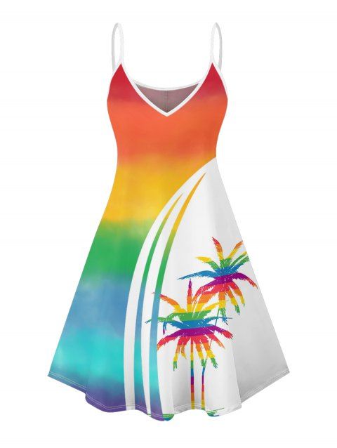 Robe de vacances à motif palmier arc-en-ciel, bretelles spaghetti, col en V, coupe trapèze, mini-robe décontractée