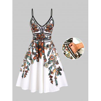 Summer Vacation Sundress Floral Leaf Printed Garden Party Dress Flare A Line Slip Mini Dress