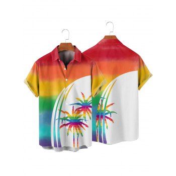 Men's Rainbow Color Palm Tree Pattern Vacation Shirt Button Up Roll Up Short Sleeve Casual Shirt