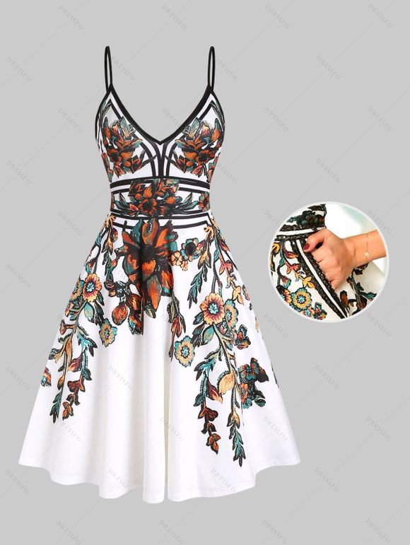 Robe Mini d'Eté et Soirée Évasée à Bretelles à Imprimé Feuille et Fleur en Ligne A de Vacances - Blanc 3XL