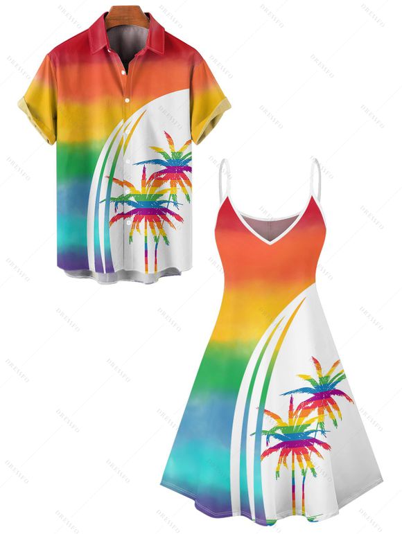 Vacation Couple Outfit Rainbow Color Palm Tree Pattern Spaghetti Strap Tank Dress and Button Up Shirt Beach Matching Outfit - multicolor A S | US 4