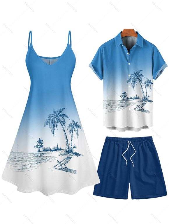Vacation Couple Outfit Ombre Coconut Tree Print Spaghetti Strap A Line Tank Dress and Roll Up Sleeve Shirt Solid Color Drawstrings Beach Shorts Matching Outfit - Bleu clair S | US 4