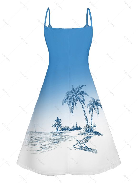 Vacation Couple Outfit Ombre Coconut Tree Print Spaghetti Strap A Line Tank Dress and Roll Up Sleeve Shirt Solid Color Drawstrings Beach Shorts Matching Outfit - Bleu clair S | US 4