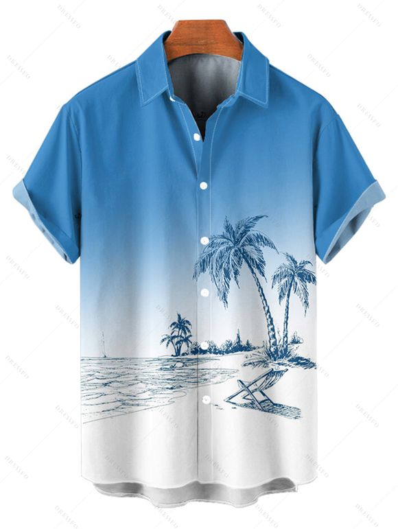 Vacation Couple Outfit Ombre Coconut Tree Print Spaghetti Strap A Line Tank Dress and Roll Up Sleeve Shirt Solid Color Drawstrings Beach Shorts Matching Outfit - Bleu clair S | US 4