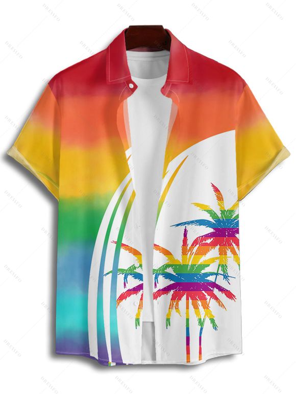 Chemise de vacances pour homme, motif palmier arc-en-ciel, boutonnée, retroussée, manches courtes, décontractée - multicolor A 4XL