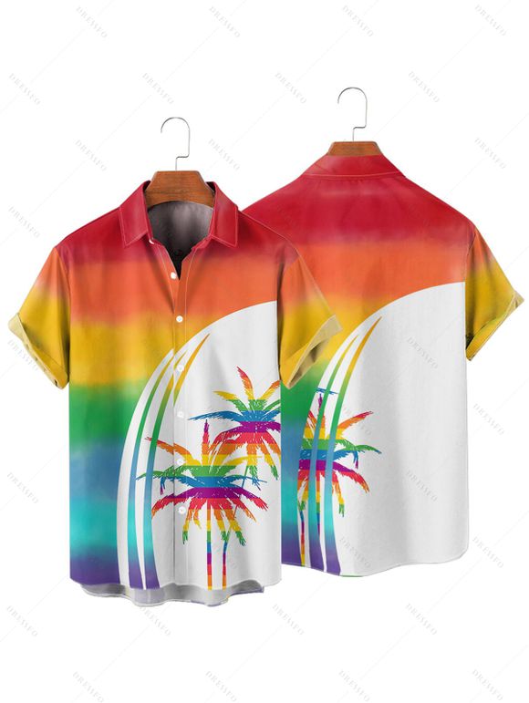 Chemise de vacances pour homme, motif palmier arc-en-ciel, boutonnée, retroussée, manches courtes, décontractée - multicolor A 4XL