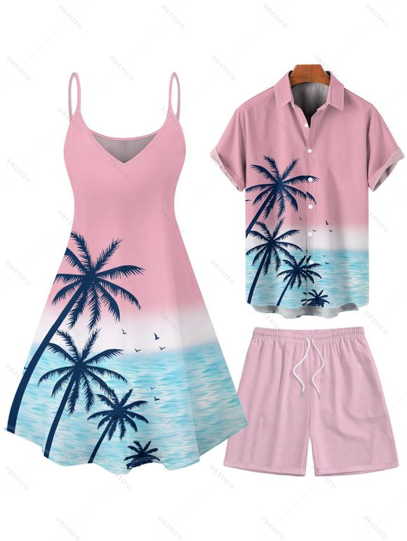 Vacation Couple Outfit Palm Tree Sea Pattern Ombre Spaghetti Strap Tank Dress and Button Up Shirt Drawstrings Shorts Beach Matching Outfit - Rose clair S | US 4