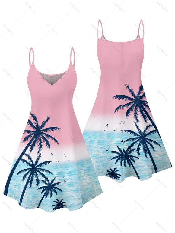 Vacation Couple Outfit Palm Tree Sea Pattern Ombre Spaghetti Strap Tank Dress and Button Up Shirt Drawstrings Shorts Beach Matching Outfit - Rose clair S | US 4