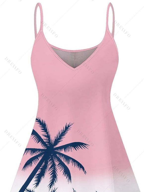 Vacation Couple Outfit Palm Tree Sea Pattern Ombre Spaghetti Strap Tank Dress and Button Up Shirt Drawstrings Shorts Beach Matching Outfit - Rose clair S | US 4