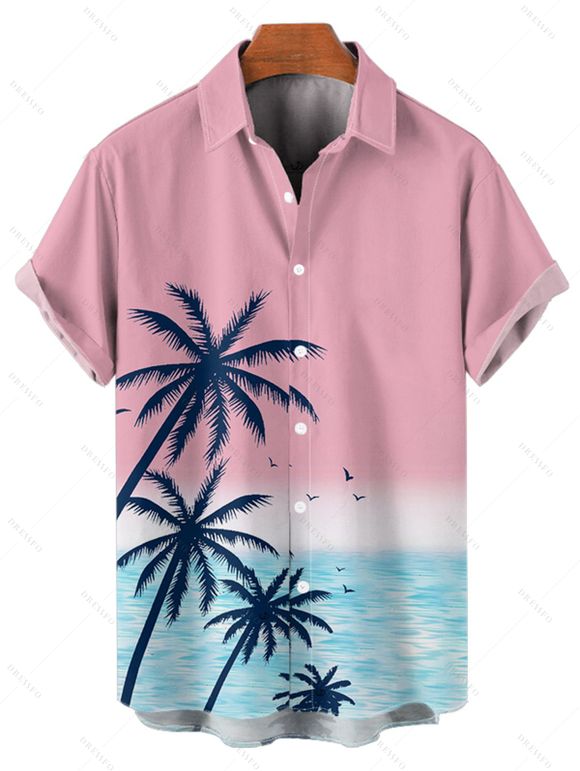 Vacation Couple Outfit Palm Tree Sea Pattern Ombre Spaghetti Strap Tank Dress and Button Up Shirt Drawstrings Shorts Beach Matching Outfit - Rose clair S | US 4