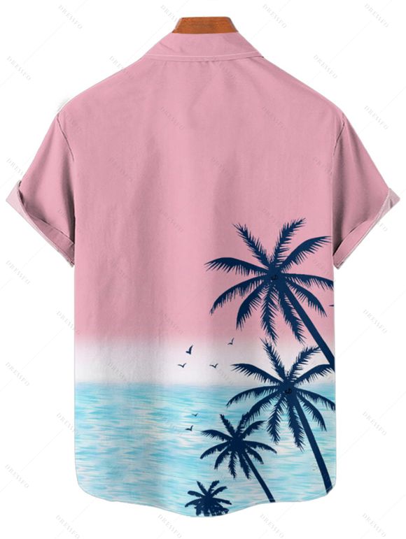 Vacation Couple Outfit Palm Tree Sea Pattern Ombre Spaghetti Strap Tank Dress and Button Up Shirt Drawstrings Shorts Beach Matching Outfit - Rose clair S | US 4