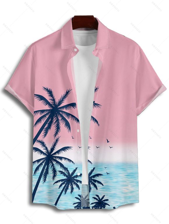 Vacation Couple Outfit Palm Tree Sea Pattern Ombre Spaghetti Strap Tank Dress and Button Up Shirt Drawstrings Shorts Beach Matching Outfit - Rose clair S | US 4