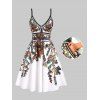 Robe Mini d'Eté et Soirée Évasée à Bretelles à Imprimé Feuille et Fleur en Ligne A de Vacances - Blanc 3XL