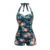 Vacation Couple Outfit Tropical Floral Leaf Pattern Beach Halter Ruched Open Back One-piece Swimsuit and Button Up Shirt Beach Matching Outfit - WHITE S | US 4