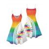 Vacation Couple Outfit Rainbow Color Palm Tree Pattern Spaghetti Strap Tank Dress and Button Up Shirt Beach Matching Outfit - multicolor A S | US 4