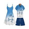 Vacation Couple Outfit Ombre Coconut Tree Print Spaghetti Strap A Line Tank Dress and Roll Up Sleeve Shirt Solid Color Drawstrings Beach Shorts Matching Outfit - Bleu clair S | US 4