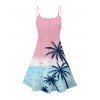 Vacation Couple Outfit Palm Tree Sea Pattern Ombre Spaghetti Strap Tank Dress and Button Up Shirt Drawstrings Shorts Beach Matching Outfit - Rose clair S | US 4