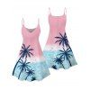 Vacation Couple Outfit Palm Tree Sea Pattern Ombre Spaghetti Strap Tank Dress and Button Up Shirt Drawstrings Shorts Beach Matching Outfit - Rose clair S | US 4