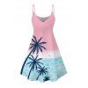 Vacation Couple Outfit Palm Tree Sea Pattern Ombre Spaghetti Strap Tank Dress and Button Up Shirt Drawstrings Shorts Beach Matching Outfit - Rose clair S | US 4