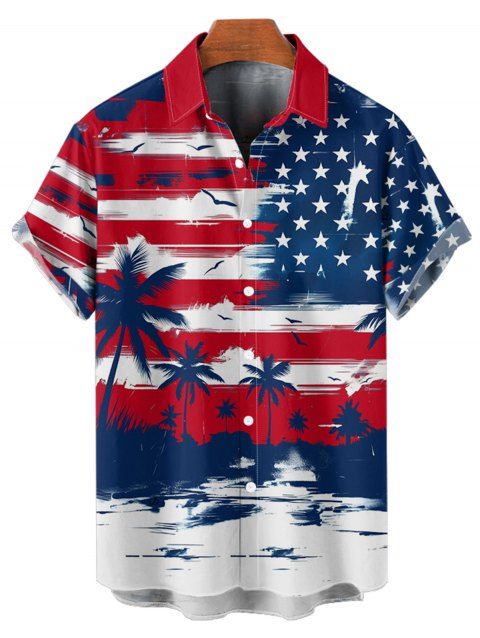 Chemise à rayures étoilées pour homme, motif cocotier, motif drapeau américain, boutonnée, retroussée, manches courtes, style patriotique