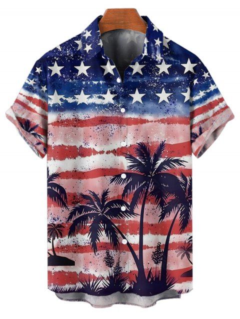 Chemise homme motif cocotier, étoiles, rayures, drapeau américain, boutonnée, retroussée, manches courtes, patriotique