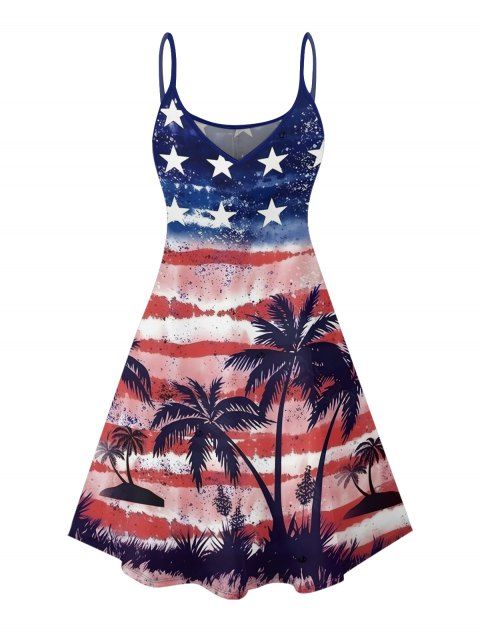 Robe de fête de l'indépendance à motif d'étoiles et de cocotiers, avec éléments du drapeau américain, bretelles spaghetti, col en V, coupe trapèze, mini-robe débardeur patriotique