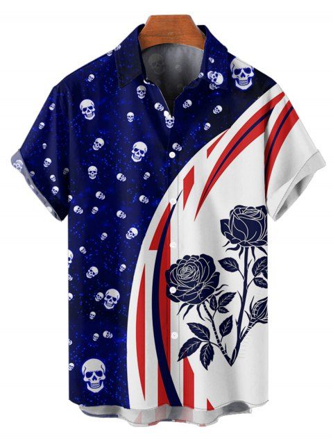 Chemise gothique à manches courtes et boutons pour homme, décontractée, à motif de crânes et de roses contrastées
