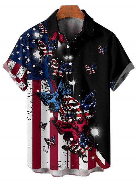 Chemise homme à rayures et étoiles papillon, motif patriotique, motif drapeau américain, boutonnée, retroussée, manches courtes
