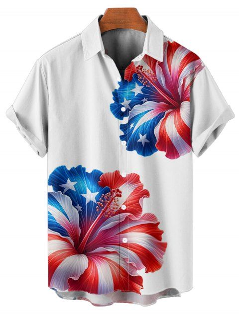 Chemise homme à rayures et fleurs d'hibiscus, motif étoile, jour de l'indépendance, éléments du drapeau américain, boutonnée, retroussée, manches courtes, patriotique