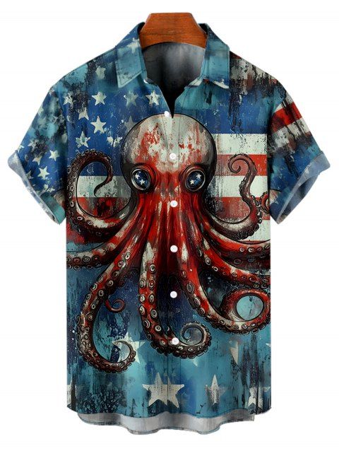 Chemise homme à rayures étoiles et poulpes, motif patriotique, à manches courtes et boutons, avec éléments du drapeau américain, pour le jour de l'indépendance