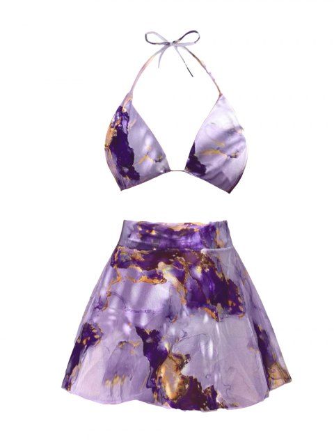 Maillot de bain bikini de vacances, imprimé marbre ombré, soutien-gorge licou et slip taille haute, jupe plissée, maillot de bain de plage trois pièces