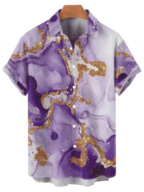 Chemise de vacances à imprimé marbré ombré pour homme, chemise décontractée à manches courtes et boutons retroussables