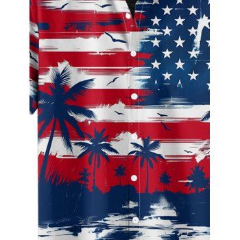 Men's Star Striped Pattern Coconut Tree Independence Day Shirt American Flag Elements Button Up Roll Up Short Sleeve Patriotic Shirt