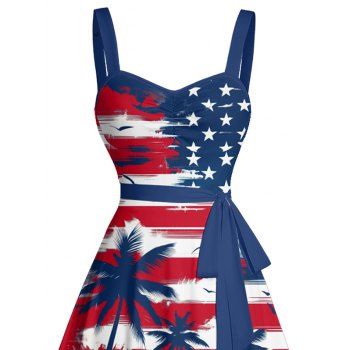 Star Striped Pattern Coconut Tree Ruched Bust Belt Independence Day Dress Sweetheart Neck American Flag Elements A Line Mini Patriotic Dress