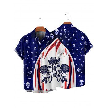 Men's Contrast Colorblock Rose Skulls Pattern Gothic Shirt Button Up Roll Up Short Sleeve Casual Shirt