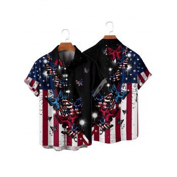 Men's Butterfly Star Striped Pattern Independence Day Shirt American Flag Elements Button Up Roll Up Short Sleeve Patriotic Shirt