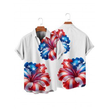 Men's Hibiscus Flower Star Striped Pattern Independence Day Shirt American Flag Elements Button Up Roll Up Short Sleeve Patriotic Shirt