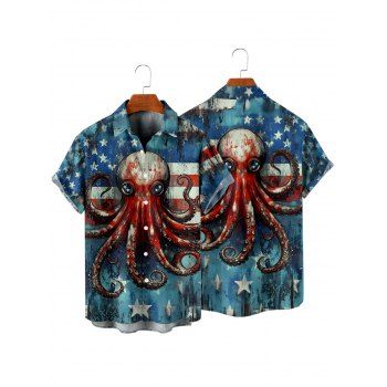 Men's  Octopuses Star Striped Pattern Independence Day Shirt American Flag Elements Button Up Roll Up Short Sleeve Patriotic Shirt
