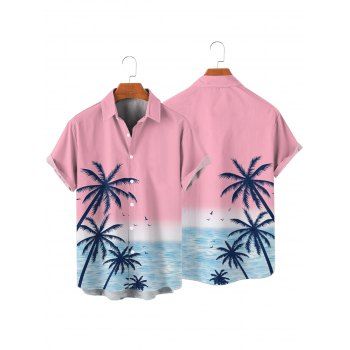 Vacation Couple Outfit Palm Tree Sea Pattern Ombre Spaghetti Strap V Neck A Line Mini Tank Dress and Roll Up Sleeve Shirt Beach Two Piece Set